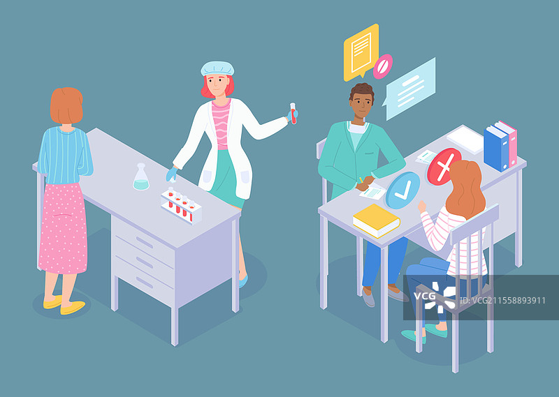 医学主题的等距插图集。实验室医学测试。医疗助理为患者进行测试。男医生在医院办公室为女患者提供咨询和检查。医学角色包括实验室助理、医生和患者。医学测试、咨询、处方。图片素材
