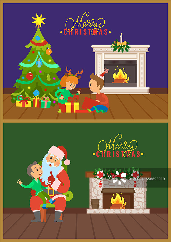 孩子们和圣诞老人坐在装饰着针叶和松果的燃烧壁炉旁，旁边有玩具。圣诞快乐贺卡矢量图。图片素材