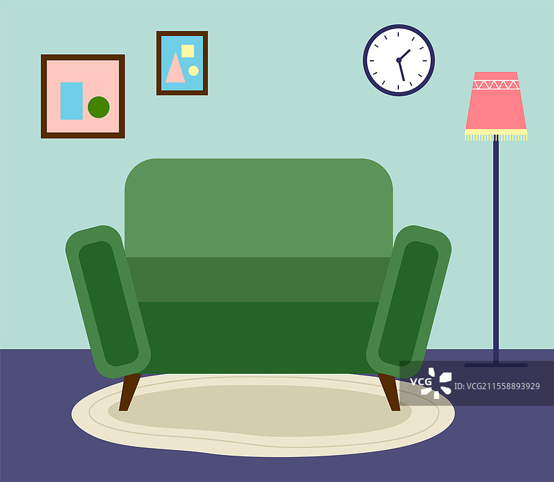 绿色圆形舒适复古沙发，椭圆形灰色地毯，色彩丰富的高落地灯，蓝色墙壁和地板，墙上挂着画作和时钟。客厅室内，居家生活。平面矢量插图用于网页。家具室内，沙发，落地灯，画作，时钟，椭圆形灰色地毯。平面矢量插图。图片素材