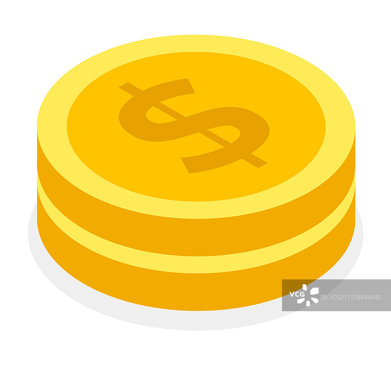 等距图像的硬币堆，金币或美元，货币硬币，比特币。卡通货币。购买、销售、积累资本。货币关系。电子商务。白色背景上的象征性平面矢量图像。铁币或金币堆，货币符号。美元，货币。白色背景上的平面图像。图片素材