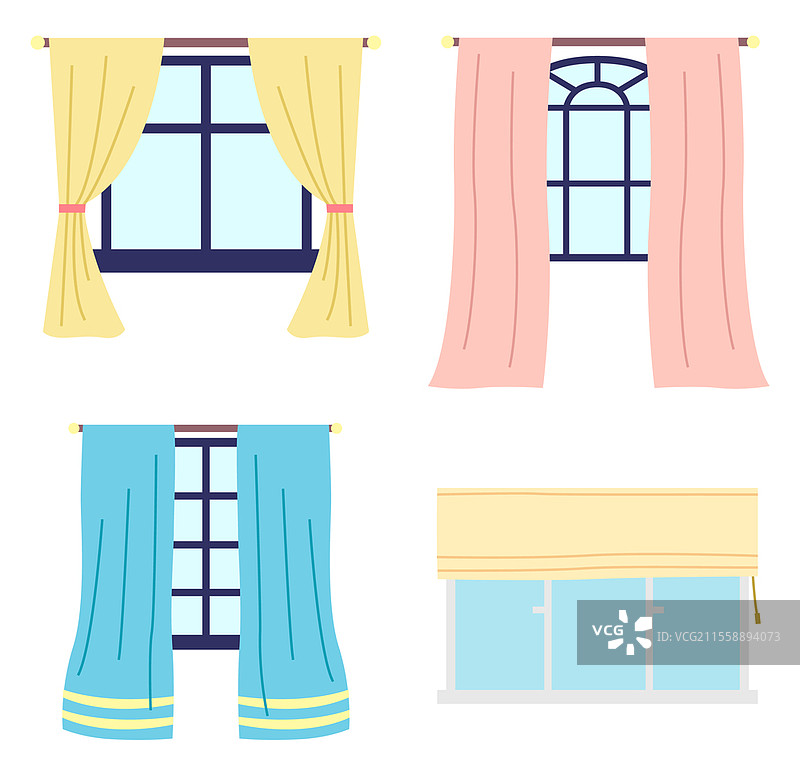 不同木框窗户的集合，配有彩色窗帘，塑料窗户上的罗马窗帘。房屋或家居室内的元素。从室内看窗户。扁平风格的窗户图标。不同木框窗户的集合，配有彩色窗帘，塑料窗户上的罗马窗帘。图片素材