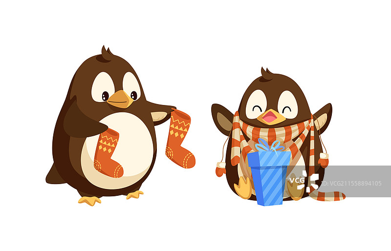 圣诞节站立的企鹅手里拿着图案袜子。坐着的快乐动物双手举起，围着条纹围巾和手套，旁边有一个蓝色礼物盒，矢量图像。圣诞企鹅与袜子和礼物的矢量图。图片素材