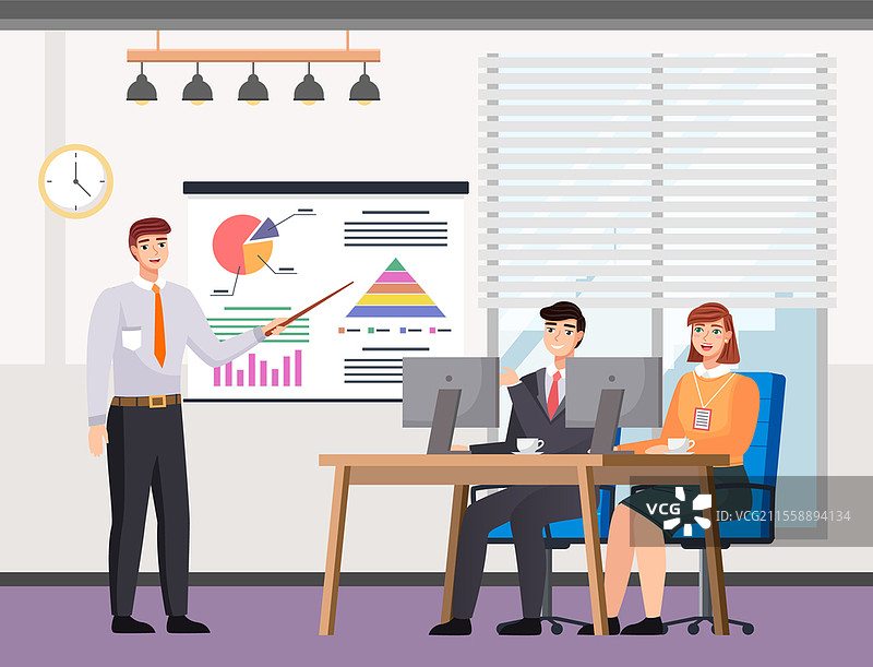 员工们分析数据并研究指标。背景是收入增长图表。男孩和女孩在办公室一起交流和工作。男士指着统计图表并进行解释。人们正在工作并分析数据。男士指着海报上上升的图表并进行解释。图片素材