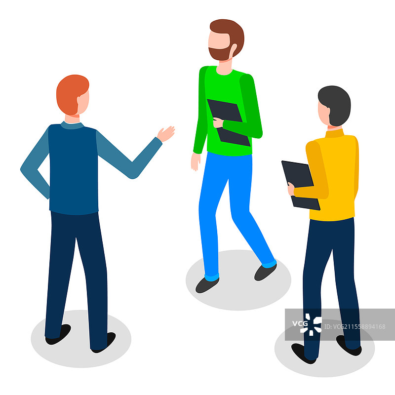 商务人士角色手持文件夹。男性同事，团队合作，一群人交谈，沟通。男性员工讨论的全身视图，员工会议矢量设计。商务人士角色手持文件夹。男性同事，团队合作，一群人交谈。图片素材