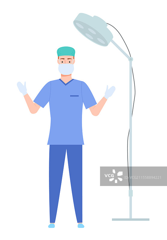 外科医生在手术室工作。医院的医务人员。男子站在白色背景下的手术灯下。医生穿着专业制服。诊所设备，手术准备。外科医生在手术室工作。医院的医务人员。男子站在手术灯下。图片素材