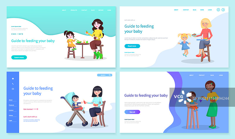 一组女性尝试用美味且有益的食物喂养婴儿。妈妈和孩子们坐在特殊的椅子或婴儿车上。非洲、亚洲和欧洲的育儿风格。网站模板，着陆页矢量图。喂养宝宝指南，网站页面集合。图片素材