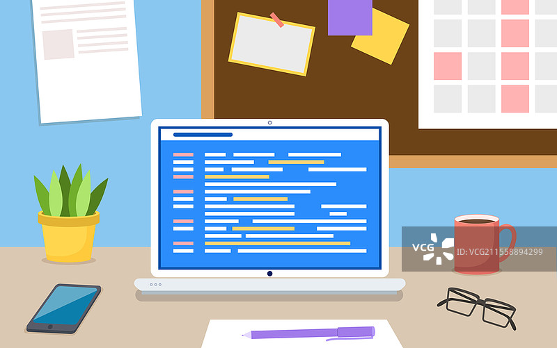 数字Java代码文本。计算机软件编码概念。智能手机放在笔记本电脑旁边。背景中的信息表矢量插图。黑框眼镜放在桌子上。数字Java代码文本。计算机软件，编码矢量概念。桌子上的笔记本电脑。图片素材