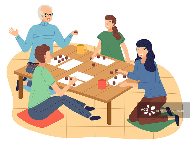 快乐的家庭，母亲、女儿和祖父母坐在桌子旁玩桌面游戏或彩票游戏，一起在家中度过时光。家庭乐趣。适合成人和儿童的室内娱乐。快乐的家庭，母亲、女儿和祖父母坐在桌子旁玩彩票游戏。图片素材