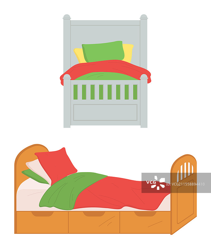 小尺寸床的矢量图，孤立的儿童家具沙发，配有毯子和柔软的枕头，家居装饰平面风格，简单风格的空房间。儿童床，孩子们的睡眠和休息之地。图片素材