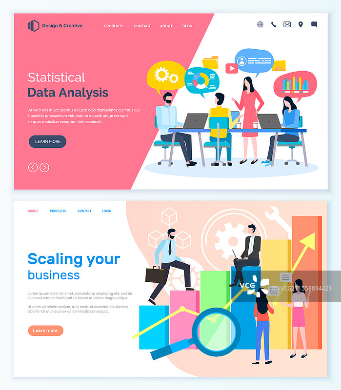 统计数据分析，装饰着使用笔记本电脑的男女工作人员的商业着陆页，上升的图表，成功的团队，人物矢量。网站或网页模板，扁平风格。成功的团队合作、分析与扩展矢量。图片素材