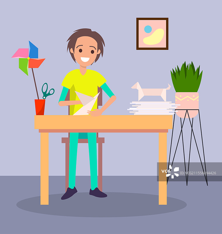 小男孩用纸制作小雕像，折纸，爱好。鸟的形状，风车堆。一个人正在用纸制作贴花。创造艺术。剪纸爱好。平面矢量图，色彩丰富的背景。男孩制作纸制人物。折纸艺术。创意爱好。宅在家中。平面矢量图。图片素材