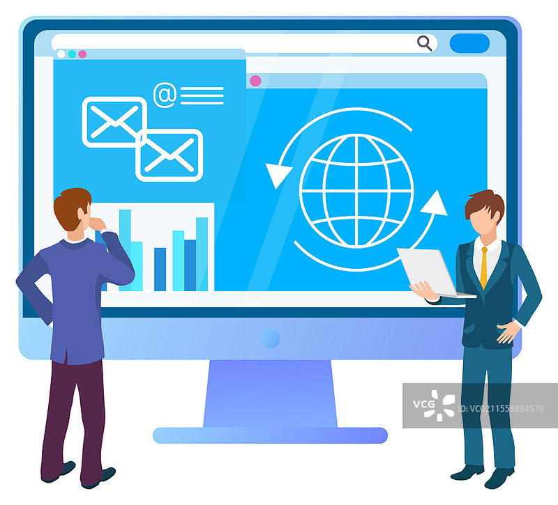 商人站在笔记本电脑屏幕旁，屏幕上显示地球和消息。通信和图形图表统计以及商业计划。带有地球消息图标的笔记本电脑屏幕。图片素材