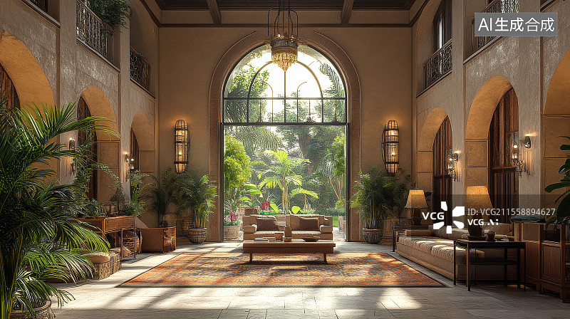 【AI数字艺术】宽敞的热带风格大堂图片素材