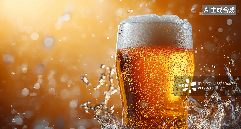 【AI数字艺术】玻璃杯中的啤酒及飞溅效果图片素材