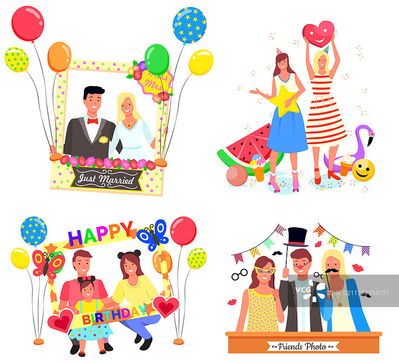 照片区与人物矢量图，孤立的平面风格角色集合。婚礼和生日派对的庆祝活动，家人和朋友在照片中，气球和装饰框，面具和帽子。人们在照片区拍照的气球集合。图片素材