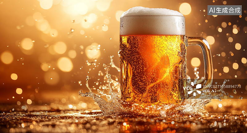 【AI数字艺术】玻璃杯中的啤酒及飞溅效果图片素材