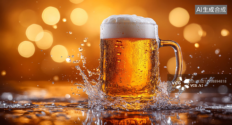 【AI数字艺术】玻璃杯中的啤酒及飞溅效果图片素材
