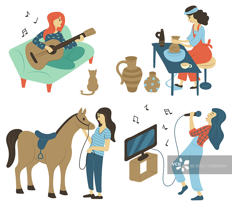女性吉他手矢量图，孤立的人物爱好兴趣。女士坐在沙发上弹吉他，身边有猫，卡拉OK唱歌和马术运动，陶艺。人们的爱好：陶艺和弹吉他唱歌。图片素材