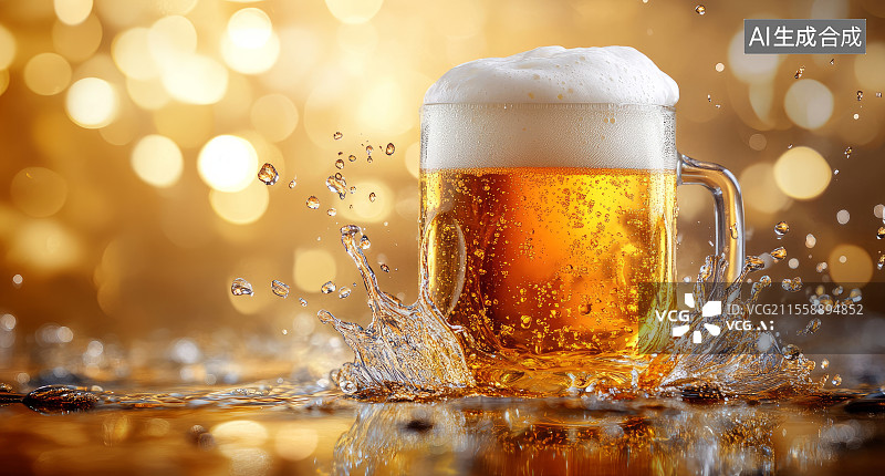 【AI数字艺术】玻璃杯中的啤酒及飞溅效果图片素材