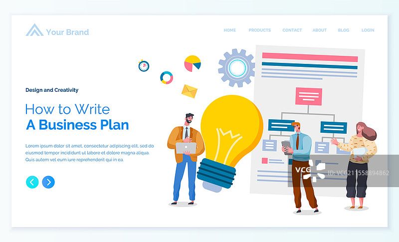 如何撰写商业计划的矢量插图横幅。商业人士站在电路图旁边，旁边有一个燃烧的灯泡。商业演示和项目管理概念的着陆页模板。如何撰写商业计划的矢量插图横幅。项目管理概念网页模板。图片素材