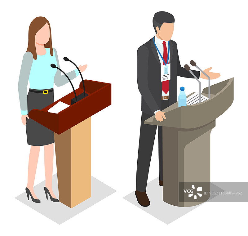 女性演讲者与报告，男性佩戴徽章站在讲台和麦克风后面的等距图像。人们在公众面前发表演讲。演讲者站在讲台上。公共表演。讲者或演讲者在讲台上。公共演示或商务演讲。带有报告的会议。图片素材
