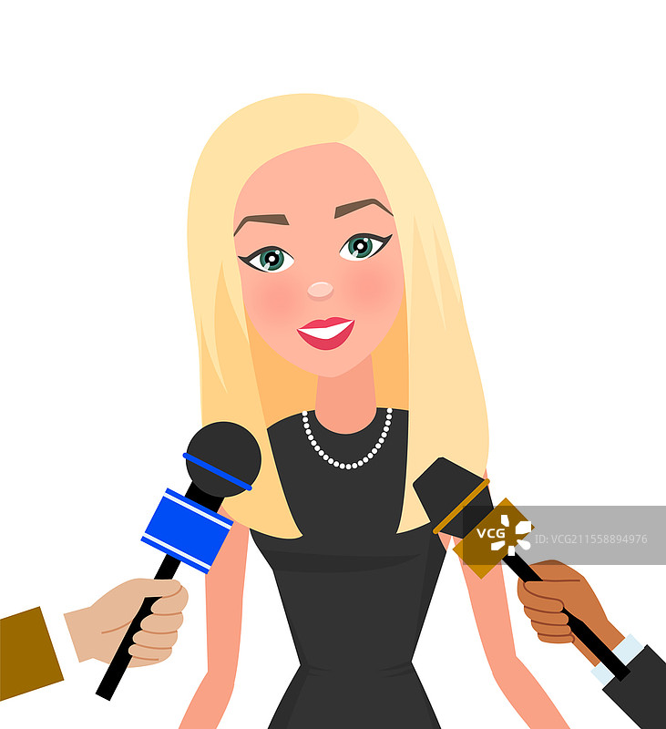 新闻发布会，纤细的女性。记者用麦克风采访一位超级著名的模特。年轻女性角色穿着小黑裙，正在录制。记者手持特殊设备。新闻发布会，纤细的女性。记者用麦克风采访一位超级著名的模特。图片素材