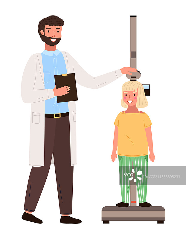 女孩在男儿科医生的检查中。身体检查生长过程。医生正在测量孩子的身高。小患者在儿科医生的预约中。医生正在测量孩子的身高。小患者在儿科医生的预约中。图片素材