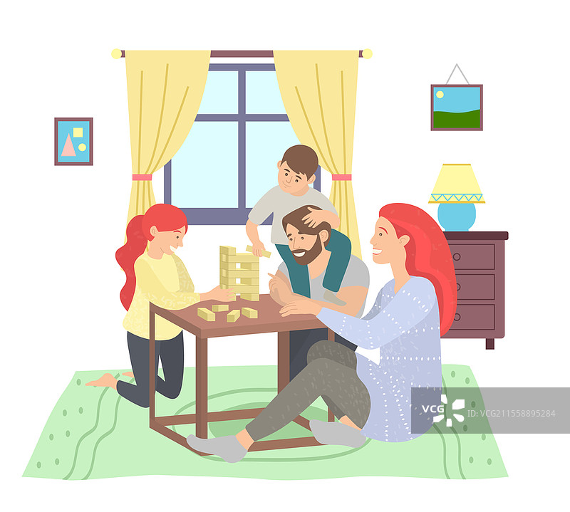 快乐的家庭坐在桌子和地板上一起玩积木游戏，父母与孩子们一起进行教育游戏。家庭在家中共度闲暇时光。妈妈、爸爸、女儿、儿子。图片素材