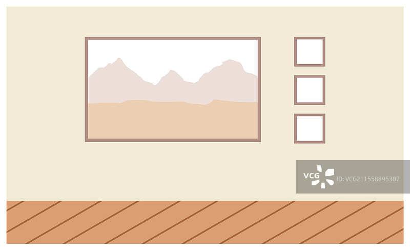 木框风景画矢量插图。独立于米色墙壁的室内元素。大型自然风景画和几幅空白小画作。公寓客厅的室内设计。木框风景画矢量插图。独立于米色墙壁的室内元素。图片素材