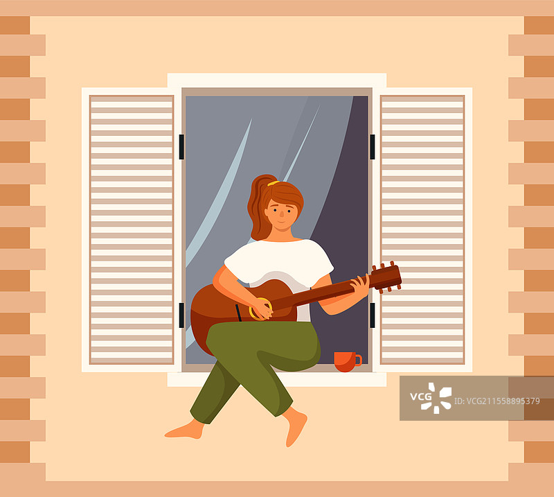 女人在家阳台上弹吉他。音乐家坐在窗台上。女性角色在家中创作音乐。市民待在家中，日常生活，爱好放松的时光。图片素材