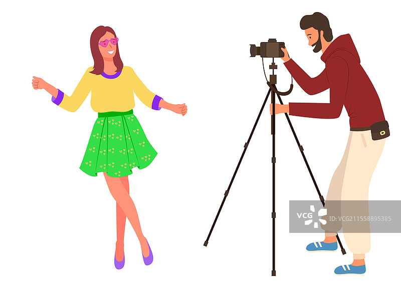 摄影师与手持相机的女性摆姿势，花卉摄影，矢量图。女孩与男孩拍照，春季摄影。社交媒体照片。手持花卉的女孩，手持相机的摄影师。图片素材