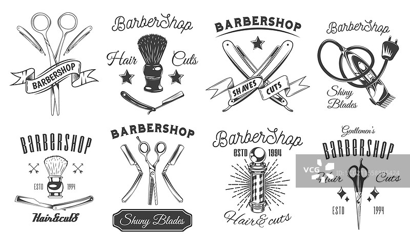 黑白风格的理发店标志集。包含工具和字母的徽章。理发店标志平面矢量设计。带有设备图标的发廊招牌，复古符号。图片素材