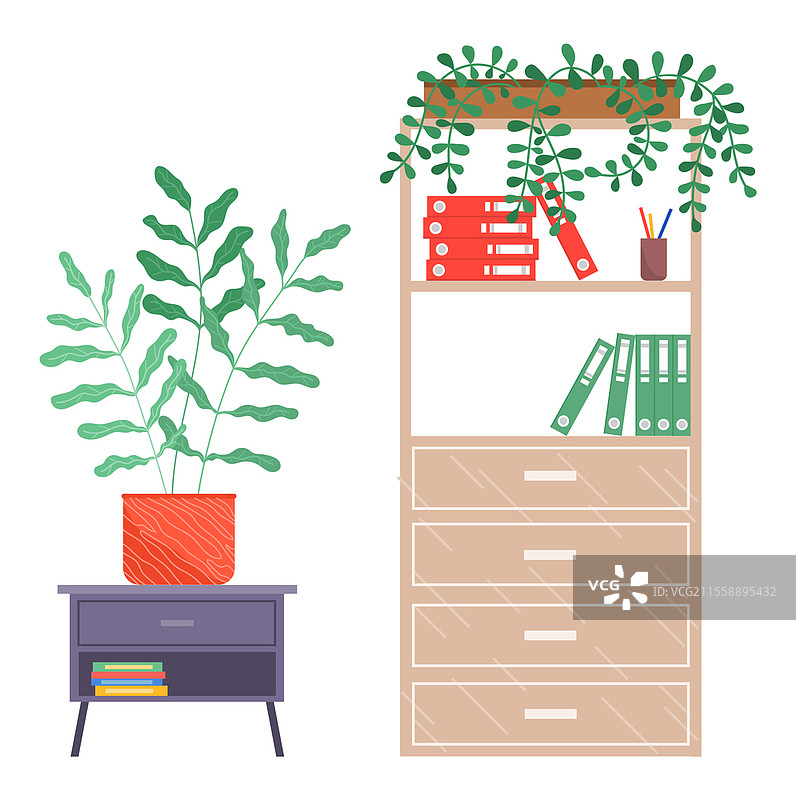 办公室家具，带文件夹的抽屉柜，文具架上的文具和绿色植物，办公柜，带室内植物和书籍堆的床头柜，家居室内设计，卡通扁平图标。办公室家具，带文件夹的抽屉柜，文具架上的文具和绿色植物，床头柜。图片素材