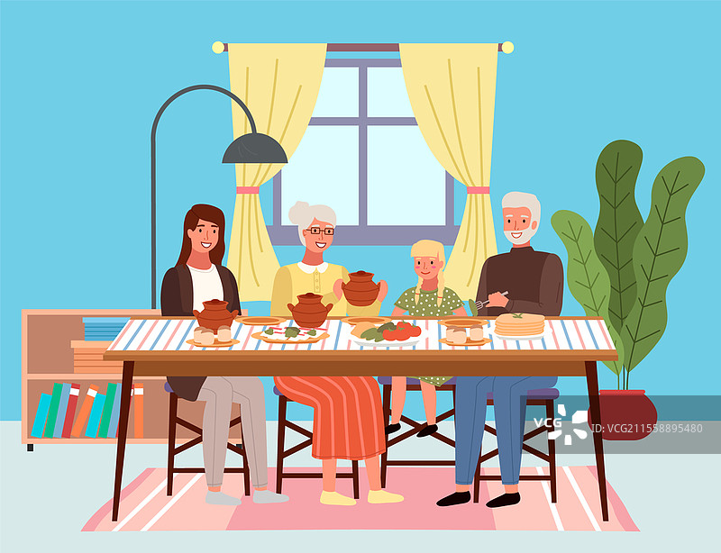 家庭在家中享用俄罗斯风格的午餐。亲戚们在餐桌上交流，角色们品尝传统菜肴并进行讨论。餐桌上摆放着煎饼和红菜汤。图片素材
