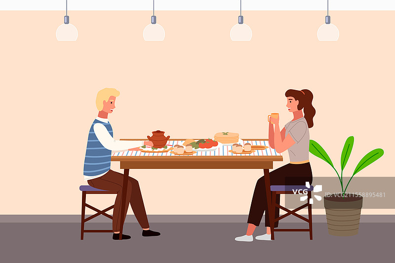 在俄罗斯风格的餐厅用餐的人们。情侣在咖啡馆约会，享用煎饼和红菜汤。男孩和女孩在餐桌上交流，矢量插图。角色品尝传统美食。在俄罗斯风格的餐厅用餐的人们。情侣在咖啡馆约会，享用煎饼和红菜汤。图片素材