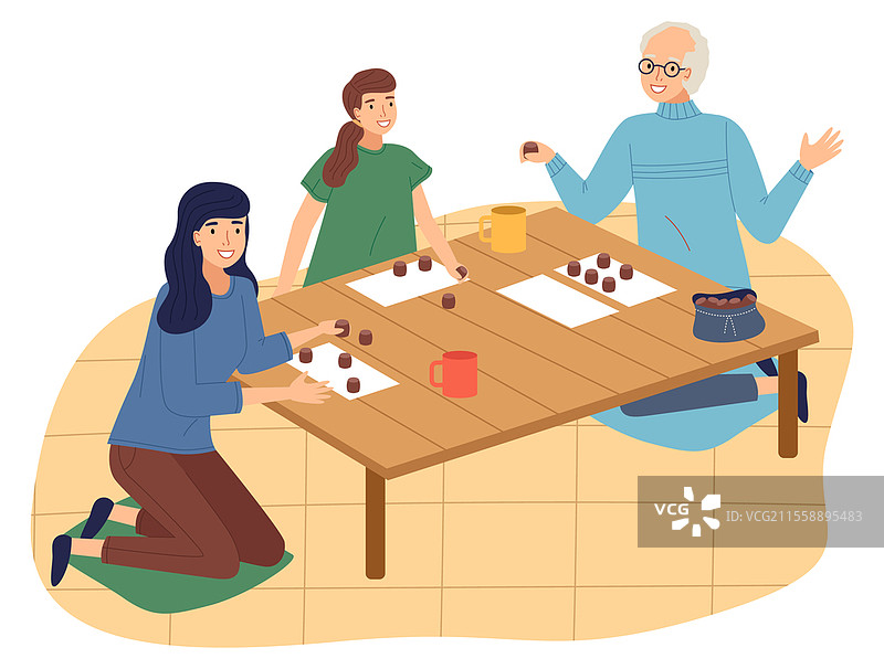 快乐的家庭在家中共度时光。人们在桌子上玩宾果彩票游戏。母亲、女儿和祖父一起在家中玩桌游。室内家庭活动，爱好。父母和孩子。母亲、女儿和祖父坐在地毯上，靠近桌子玩宾果游戏，享受闲暇时光。图片素材