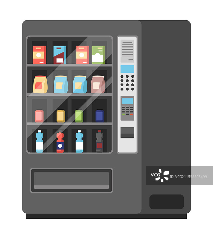 逼真的黑色自动售货机，配有钢制机身和电子控制面板，孤立在白色背景上。用于购买零食和饮料的设备。内部装有食品的设备矢量插图。图片素材