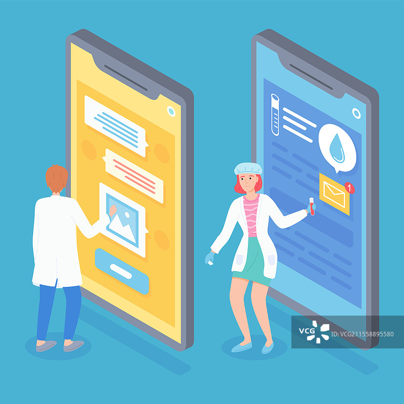 医生或实验室助理，等距3D插图展示带有医疗应用的智能手机，收入信息，与患者聊天。发送化学测试结果。女性手持装有液体的烧瓶。医生或实验室助理，等距3D插图展示带有医疗应用的智能手机。图片素材