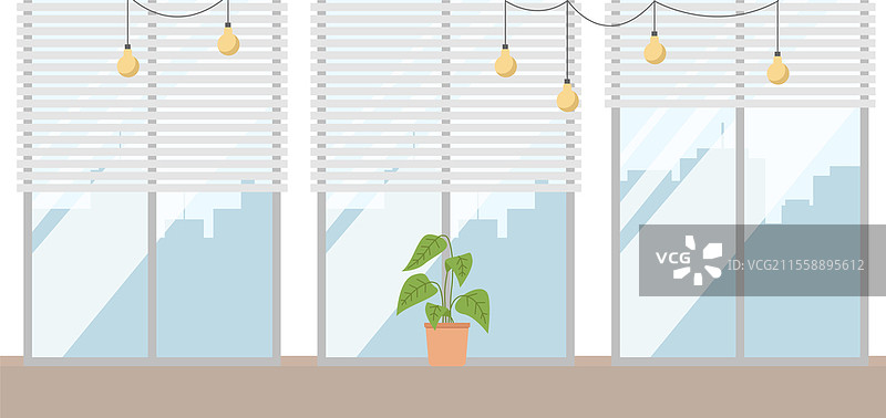 窗台上的室内植物，背景为白色。简单的平面风格，柔和的色彩矢量插图。窗台上的盆栽植物，配有三个带卷帘的窗户和一串灯泡的装饰。图片素材