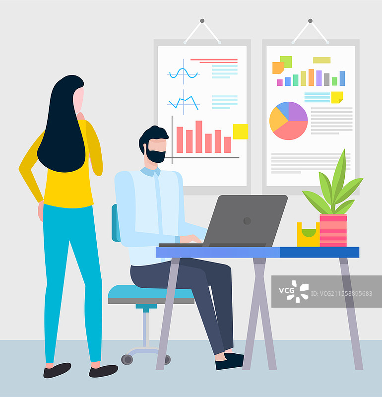 办公室工作场景矢量图，女性给员工布置任务。雇主在检查坐在笔记本电脑旁的男性，程序员与白板上的统计数据。女性老板与员工，办公室中的男性矢量图。图片素材