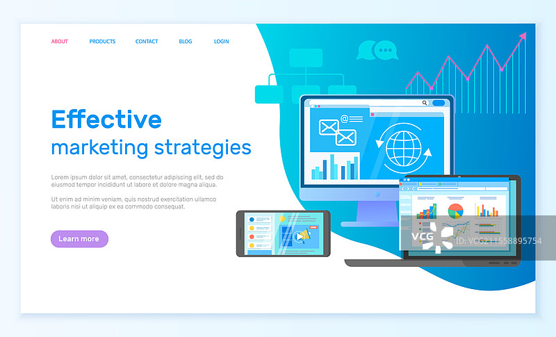 有效的营销策略着陆页模板，配有现代数字分析服务应用程序。商业与管理现代战略，快速推动公司增长的矢量插图。有效的营销策略着陆页，配有现代数字分析服务应用程序。图片素材