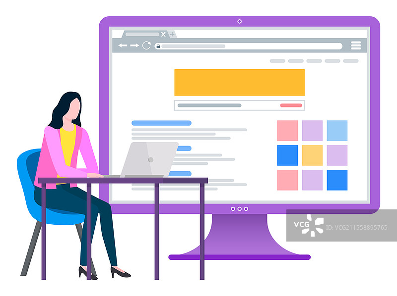 电脑显示器和工作女性矢量图，女士坐在桌旁使用笔记本电脑。屏幕上的信息，正在上网查找更多信息和细节。办公室工作女性与电脑显示器的矢量图。图片素材