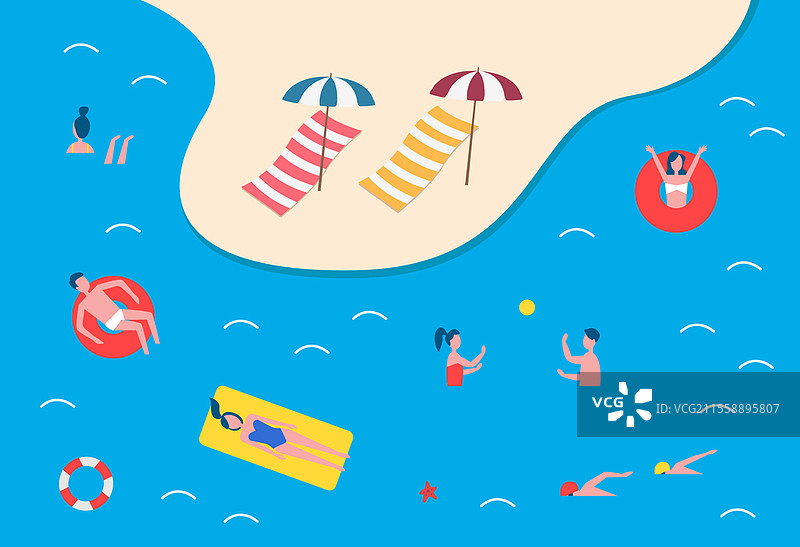 热带风景，人物在游泳和享受阳光的矢量插图。热季前往海滩度假村。被海洋环绕的岛屿。角色们在度假时玩得很开心。热带风景，人物在海岸游泳、日光浴和享受阳光的矢量插图。图片素材