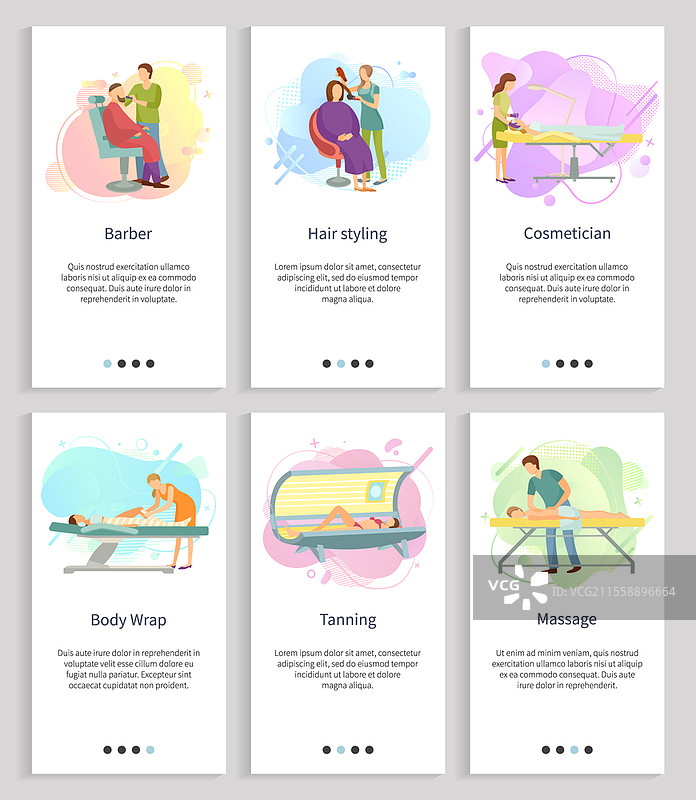 按摩和晒黑矢量图，身体裹敷和美容师，发型设计和理发服务的专业人士，健康和美容套件。网站或滑动应用程序，着陆页面平面风格。水疗沙龙的晒黑，身体裹敷和按摩套件。图片素材