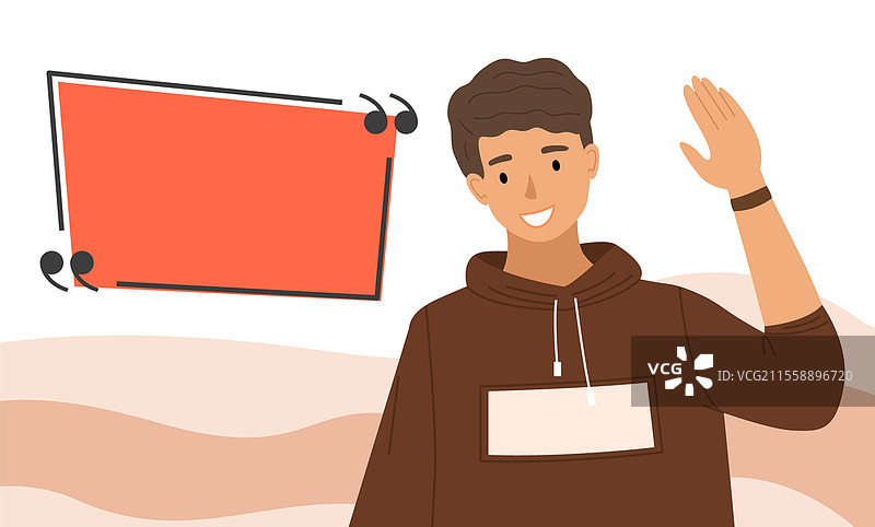 帅气的男孩挥手。男性角色在对话框背景下展示问候手势。快乐的男孩穿着连帽衫，举起手思考该说些什么，矢量插图。帅气的男孩挥手。男性角色在对话框背景下展示问候手势。图片素材