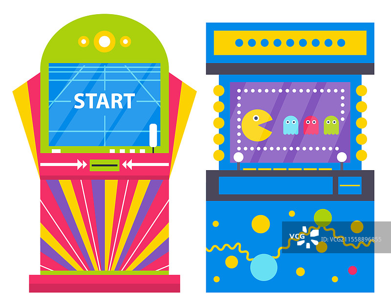 复古街机，色彩缤纷的复古游戏机，带有彩虹元素，孤立在白色背景上。屏幕上的开始标志，幽灵，老派娱乐。两台色彩缤纷的复古游戏机，吃豆人矢量图。图片素材
