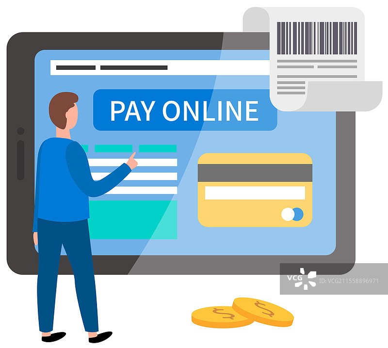 男子正在通过互联网在平板电脑上使用程序进行在线远程支付。商人按下屏幕上的在线支付按钮。在线平台着陆页模板矢量插图。男子正在通过互联网在平板电脑上使用程序进行在线远程支付。图片素材