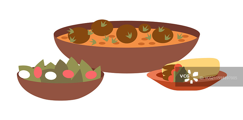 阿拉伯美食菜肴矢量插图。当地美食标志，背景为白色。阿拉伯咖啡馆或餐厅的模板。展示沙拉和沙威玛的摆盘。深碗的鹰嘴豆泥。阿拉伯美食菜肴矢量插图。犹太洁食标志，背景为白色。图片素材