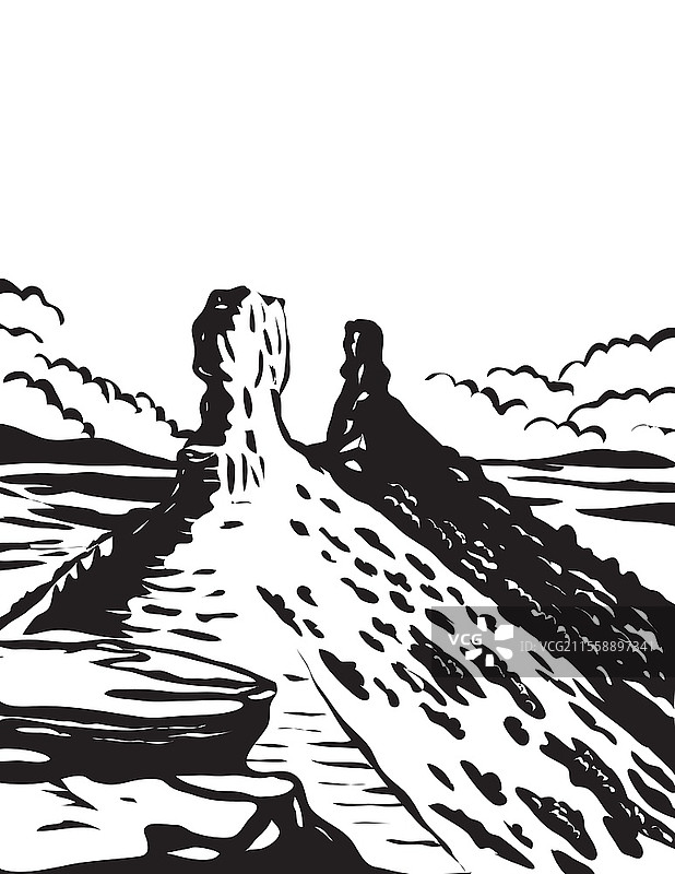 西南科罗拉多州圣胡安国家森林中的烟囱岩国家纪念碑的单色艺术海报，采用工作项目管理的黑白风格。图片素材