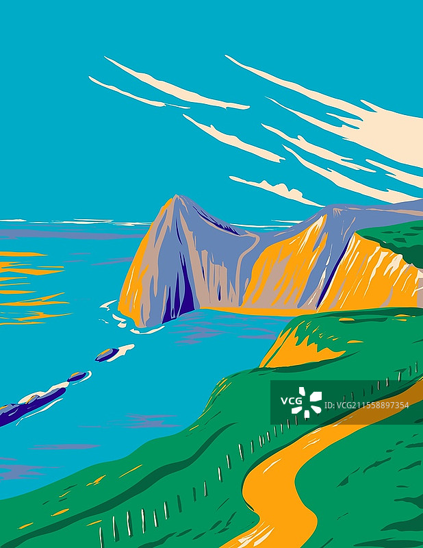 德尔德尔门（Durdle Door）在英格兰多塞特郡卢尔沃斯（Lulworth）附近的侏罗纪海岸上的战争艺术项目风格海报。图片素材